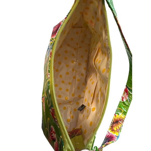 Floral Green Oilcloth Shoulder Bag With Yellow Polka Dot Lining & Zipper Closure - Picture 4 of 6